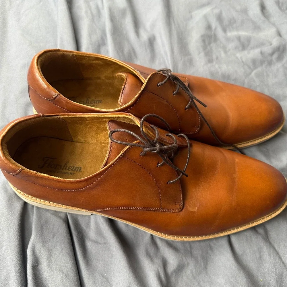 Florsheim Mens Fuel Plain Toe Oxford Cognac Brown Leather Dress Shoes  14M